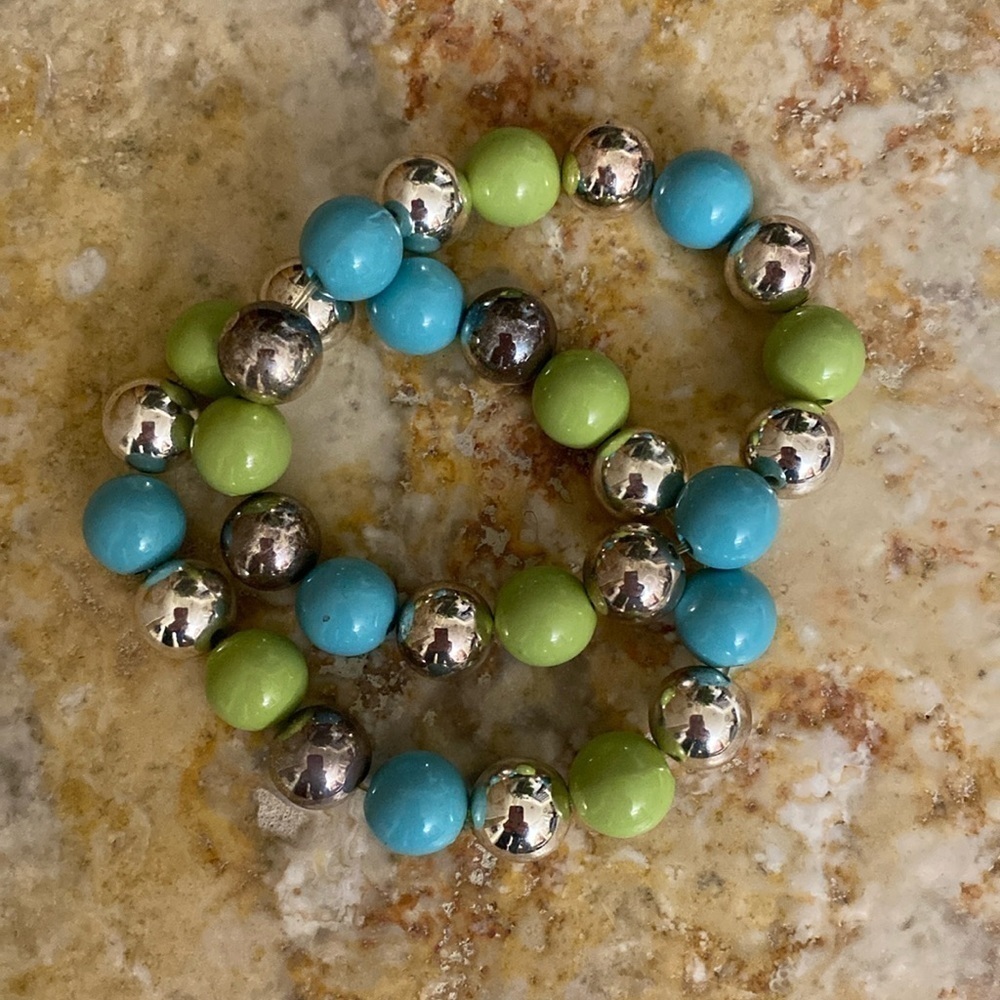 Blue/green/silver tone beaded bracelet jewellery summer Beach coastal
